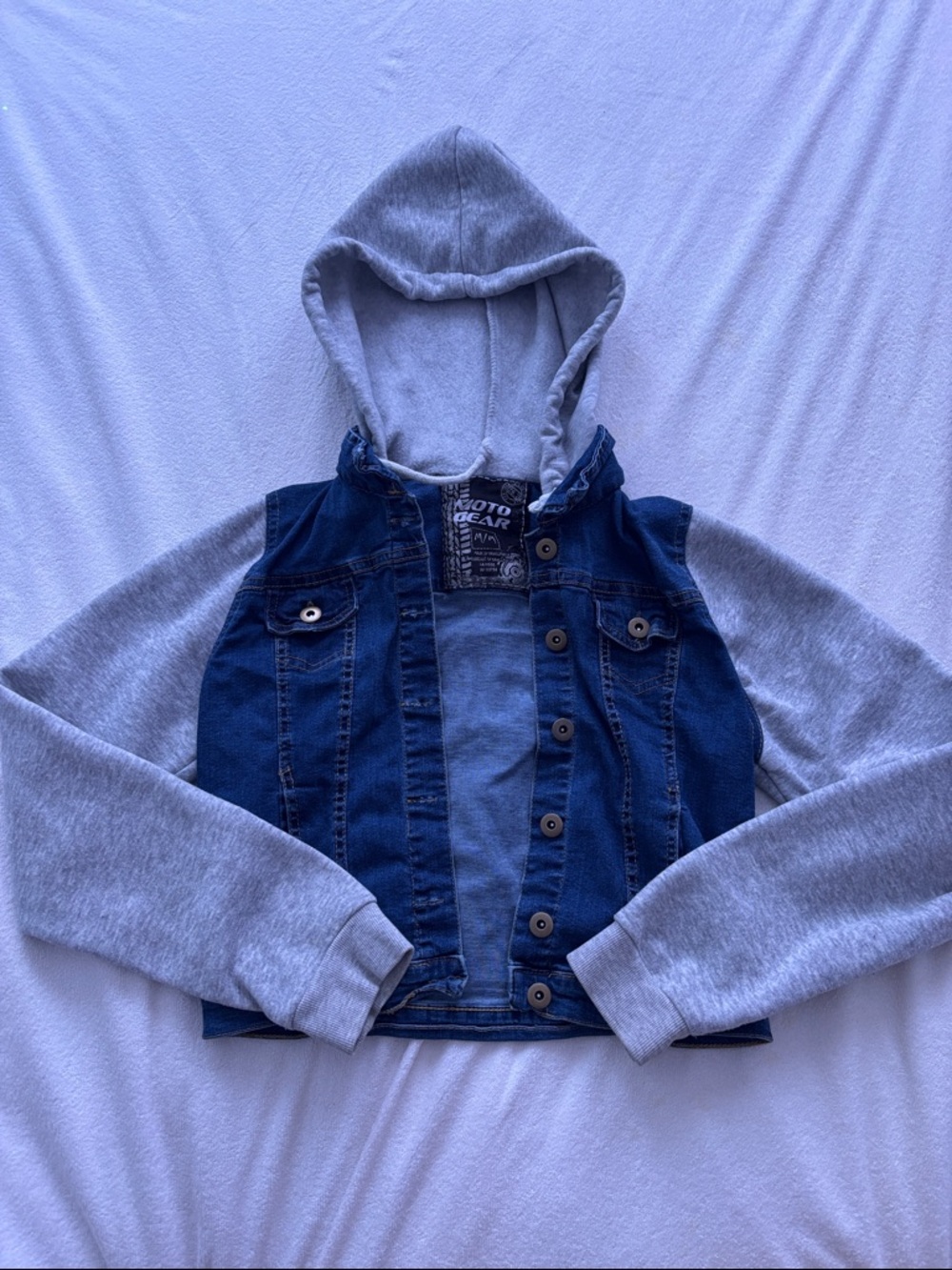 Two-Tone Hooded Denim Jacket - Gray & Dark Blue